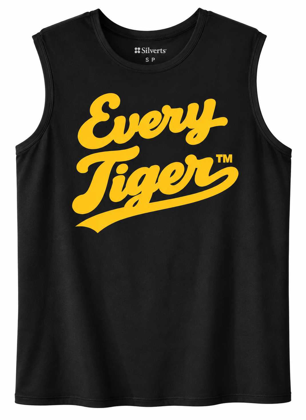 Black sleeveless shirt with yellow “Every Tiger” text and logo.
