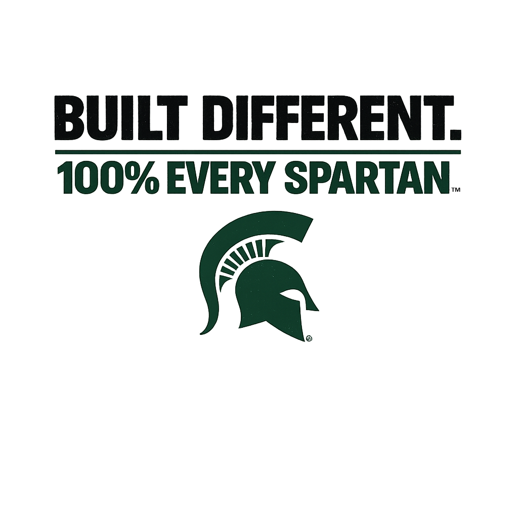 Built different, 100% every Spartan, with a green Spartan helmet logo on white background