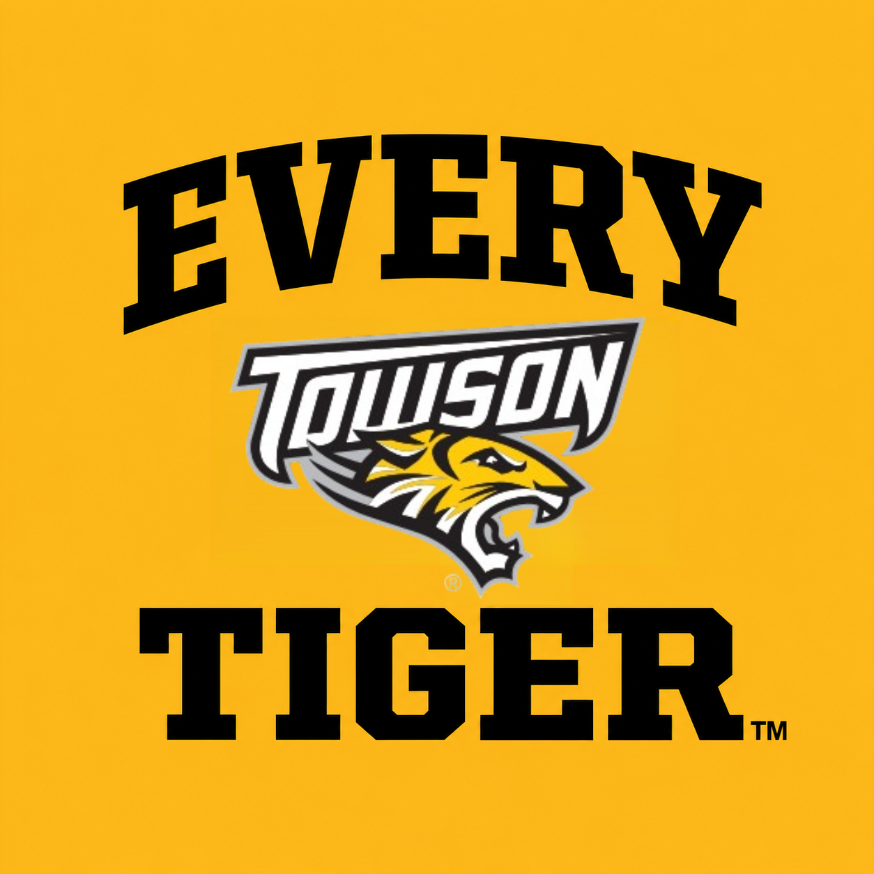 Towson Tigers logo with “EVERY TIGER” in black on gold background