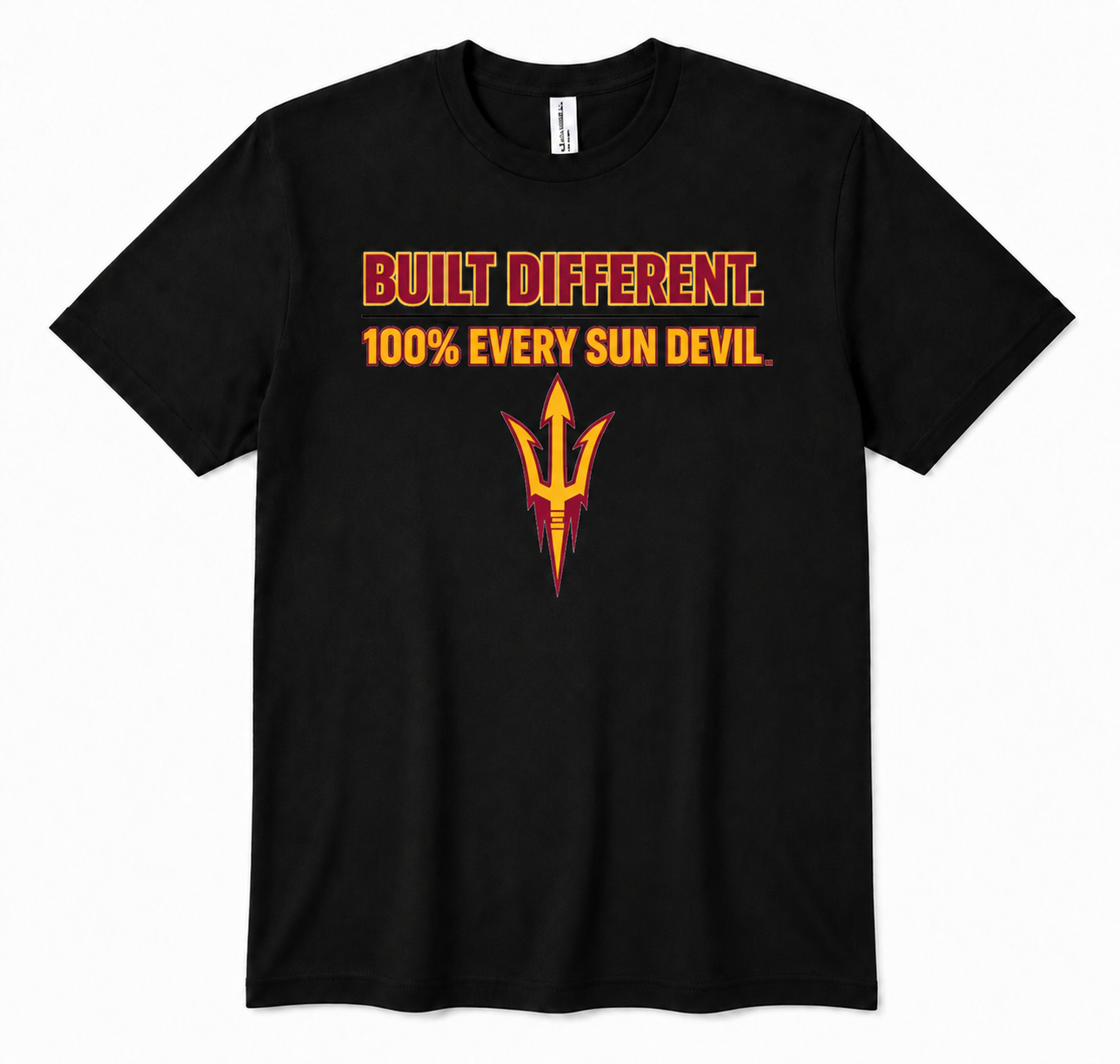 Black T-shirt with orange text reading “BUILT DIFFERENT 100% EVERY SUN DEVIL” and a pitchfork graphic