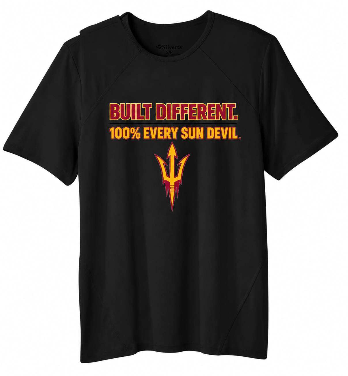 Black T-shirt with orange-red text “BUILT DIFFERENT 100% EVERY SUN DEVIL” and a phoenix-style logo