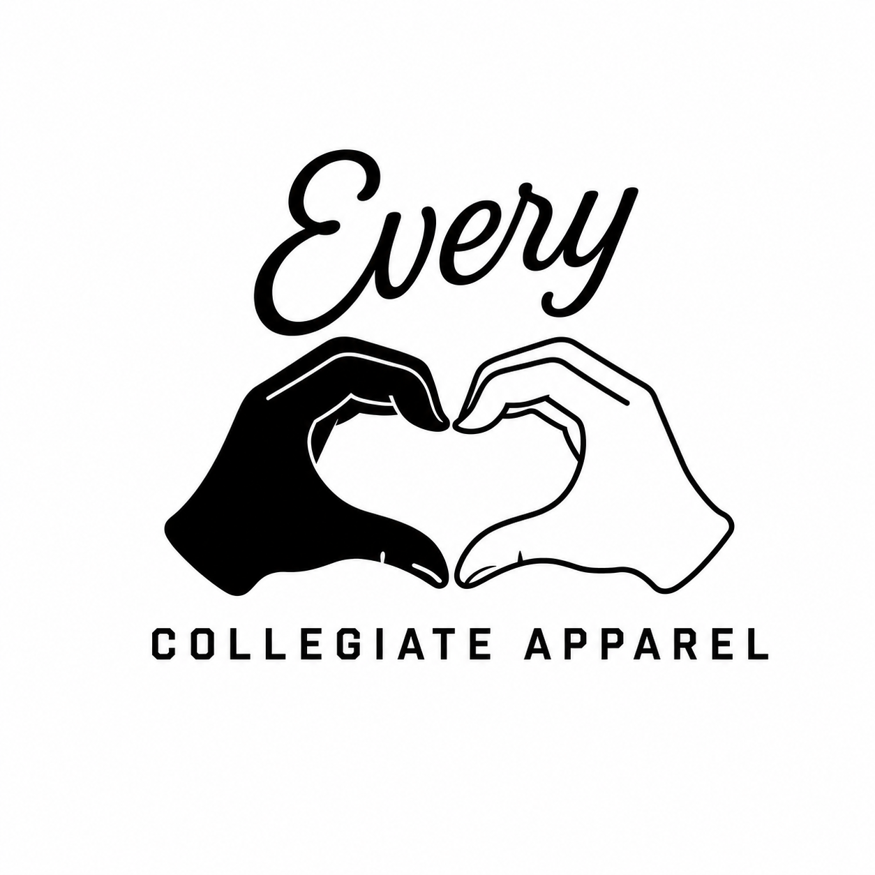Every Collegiate Apparel logo with black and white hands forming a heart