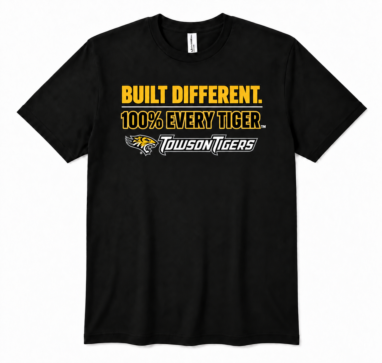 Black T-shirt with yellow text: “Built Different. 100% Every Tiger.” and Towson Tigers logo.