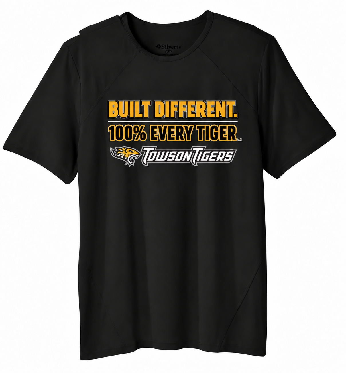 Black T-shirt with gold text reading “Built Different 100% Every Tiger” and Towson Tigers logos