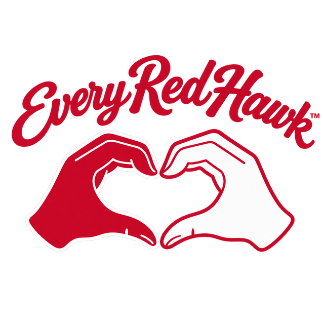 Every Red Hawk logo with two hands forming a heart in red and white