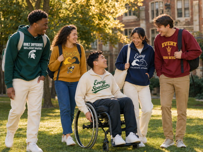 Five friends walking outdoors on a campus path, one using a wheelchair, all smiling and chatting.