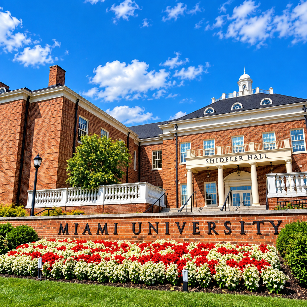 Miami University campus building with red brick facade, flowers, and blue sky