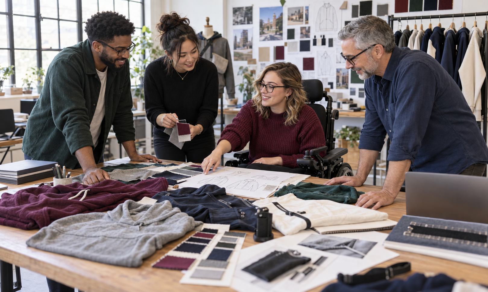 Four people collaborate around fabric samples and sketches on a worktable in a design studio.