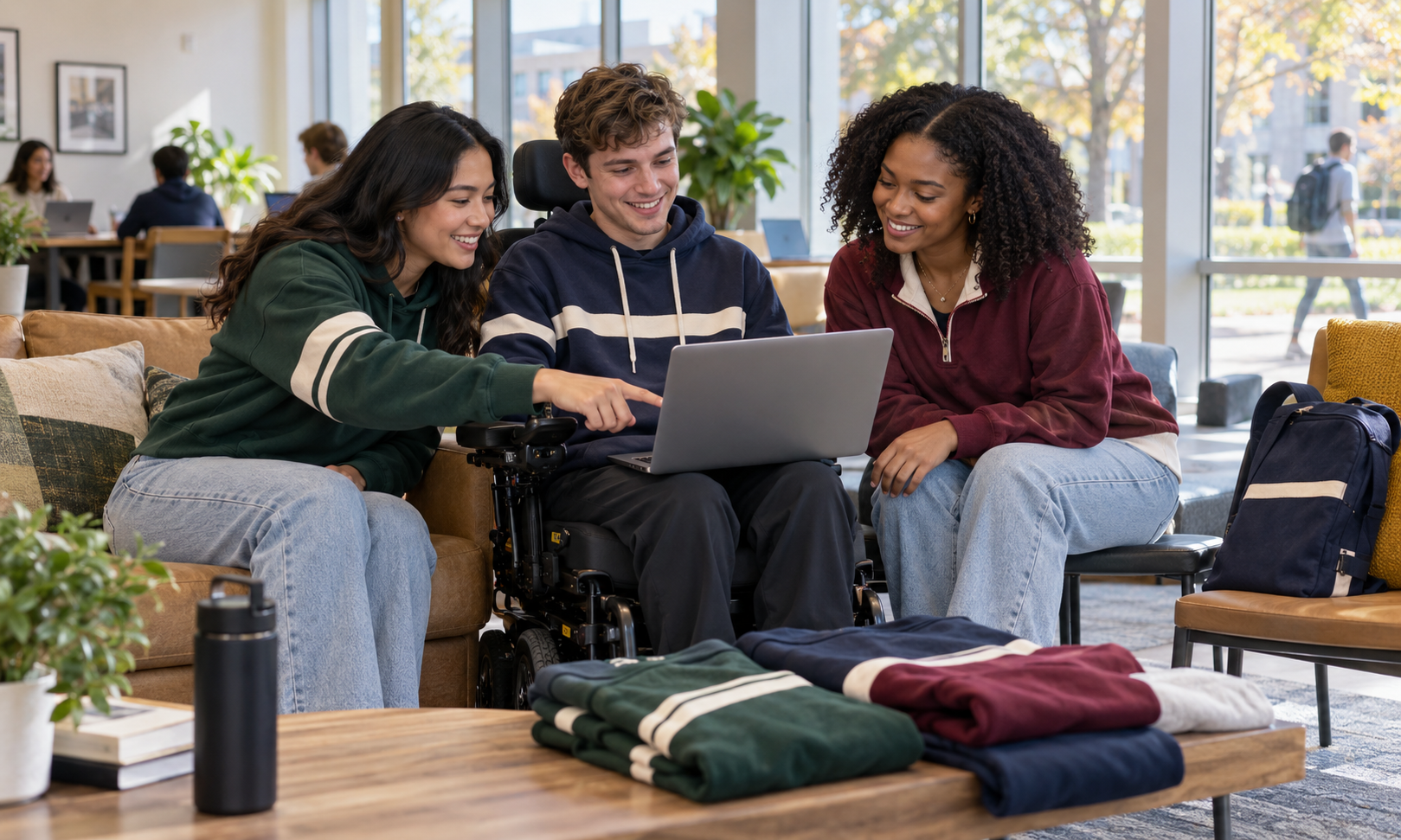 Three students sit on a couch sharing a laptop in a bright lounge with folded sweaters on the table.