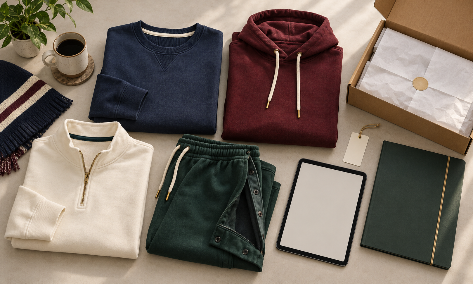 Neatly arranged folded sweaters and green shorts with notebook and gift boxes on a beige tabletop