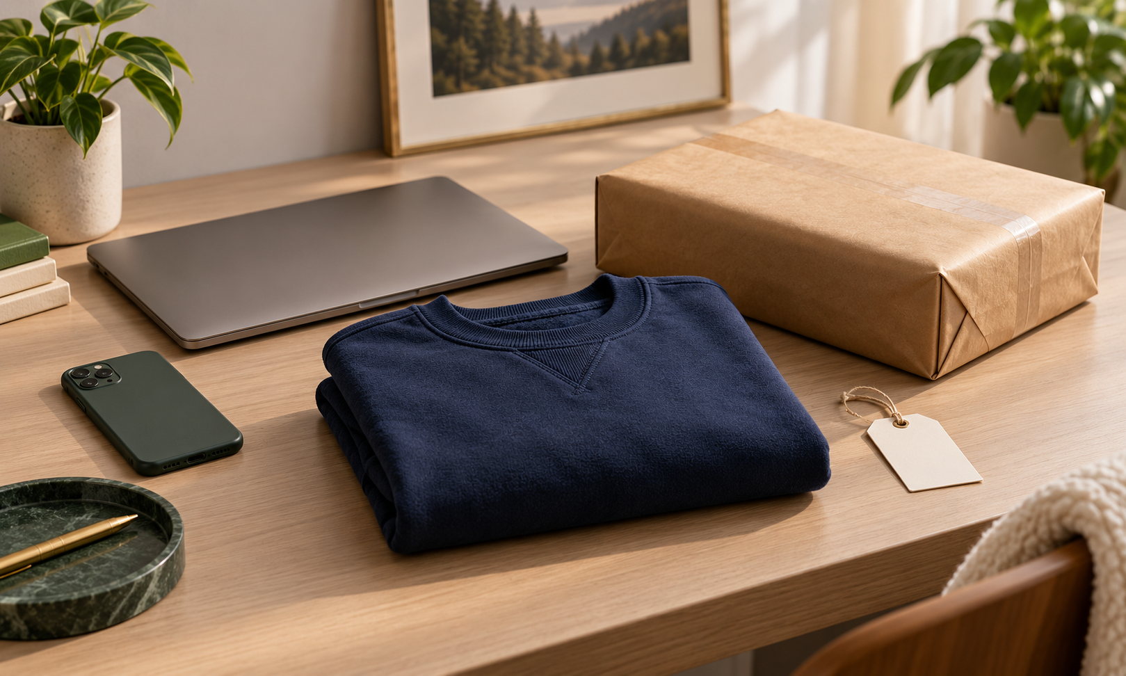 Folded navy sweater on a wooden desk with a phone, laptop, wrapped package, and small card