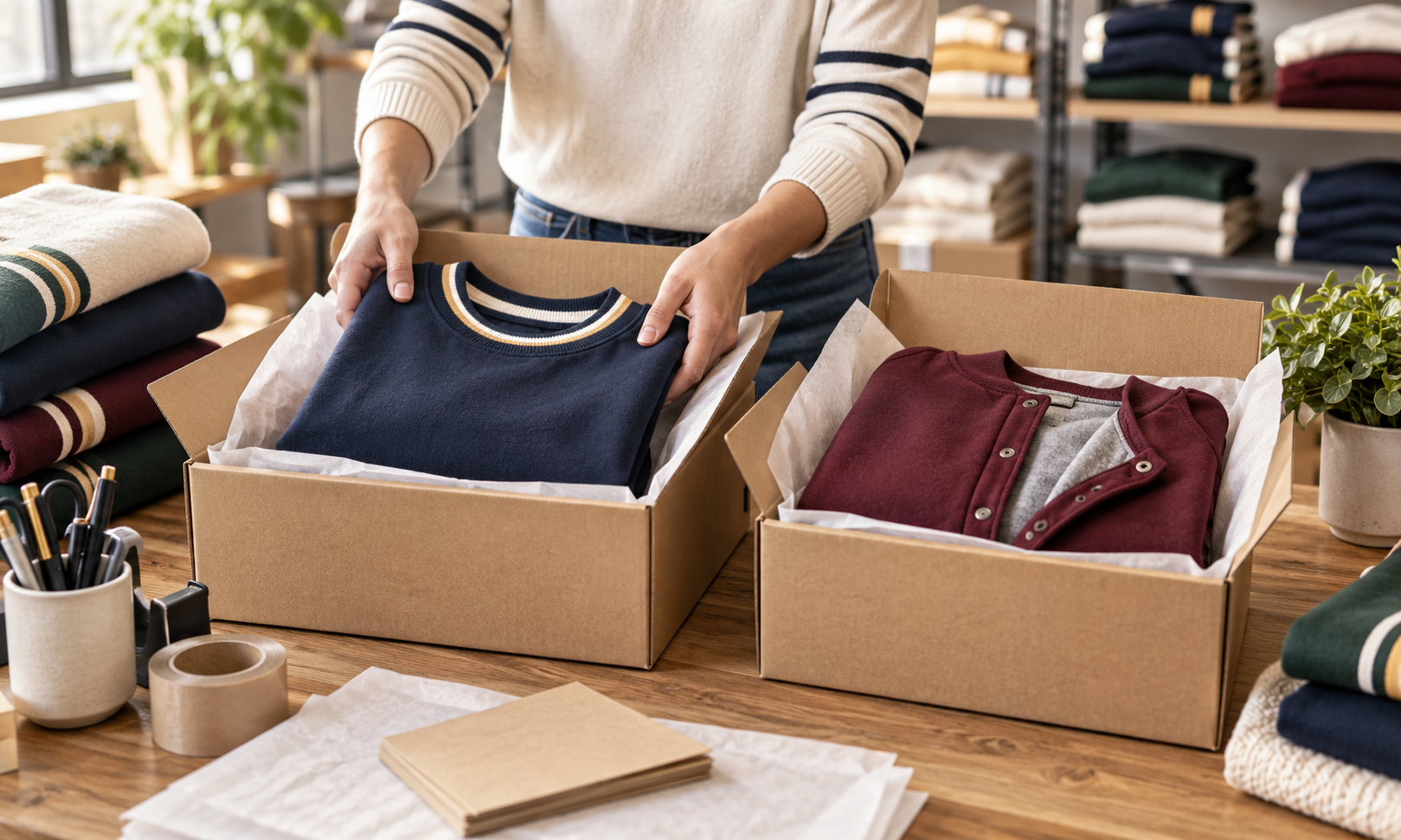 Person packing folded clothes into cardboard boxes on a table in a clothing warehouse