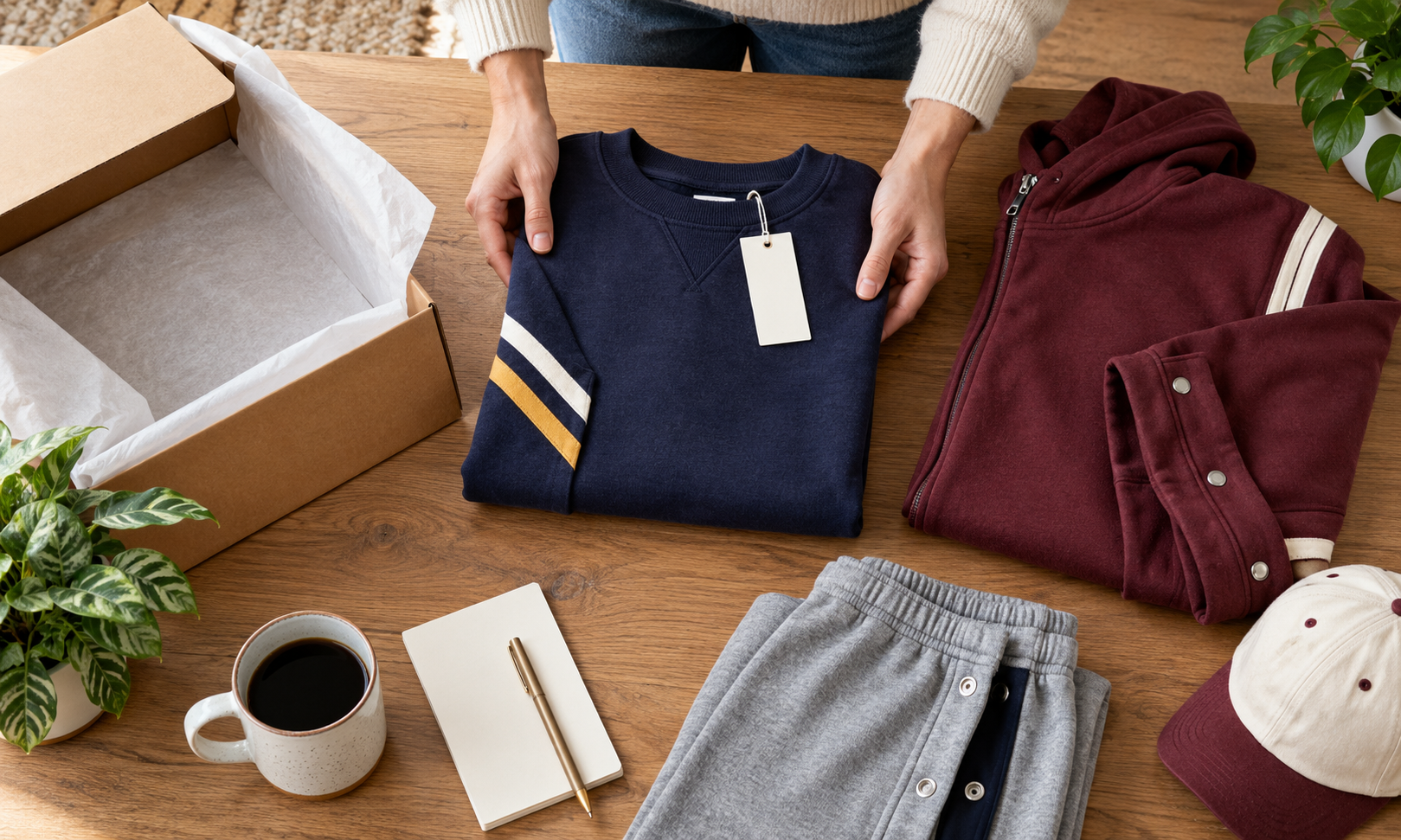 Person folding a navy sweater beside a burgundy shirt, pants, box, mug, and notebook on a wooden table