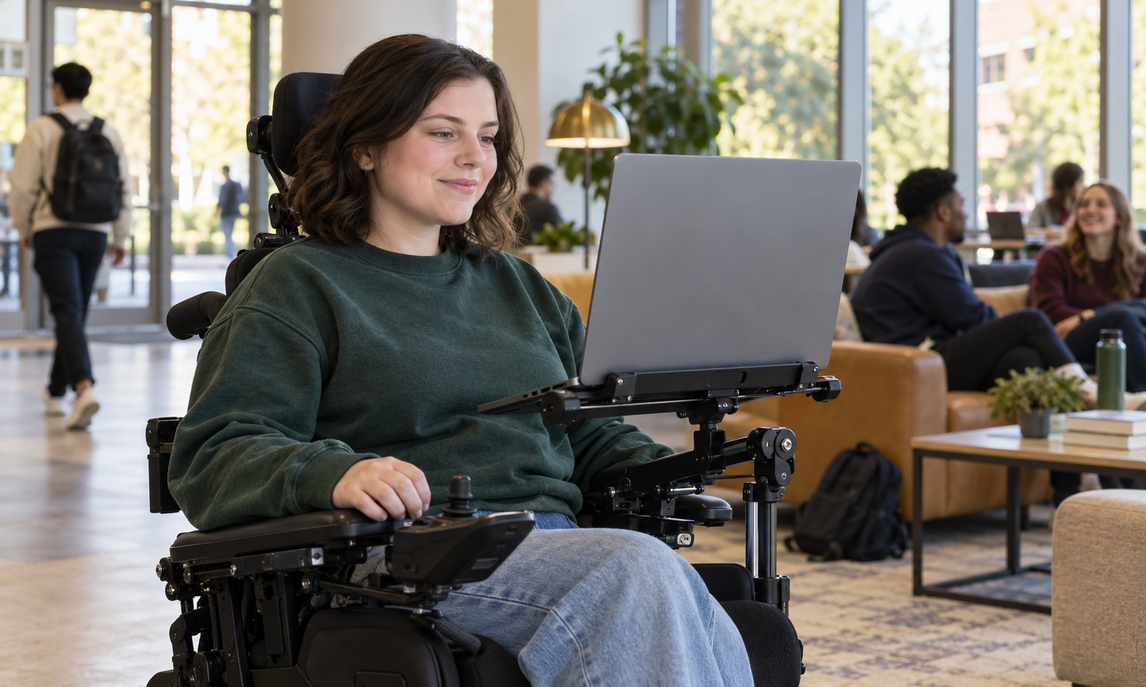 Person in a wheelchair using a laptop in a bright indoor lounge.
