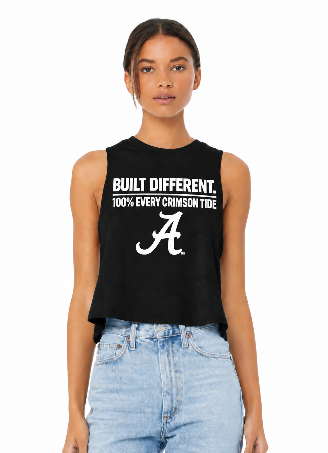 Model wearing a black cropped tank with white text and a large script “A,” paired with light blue jeans.