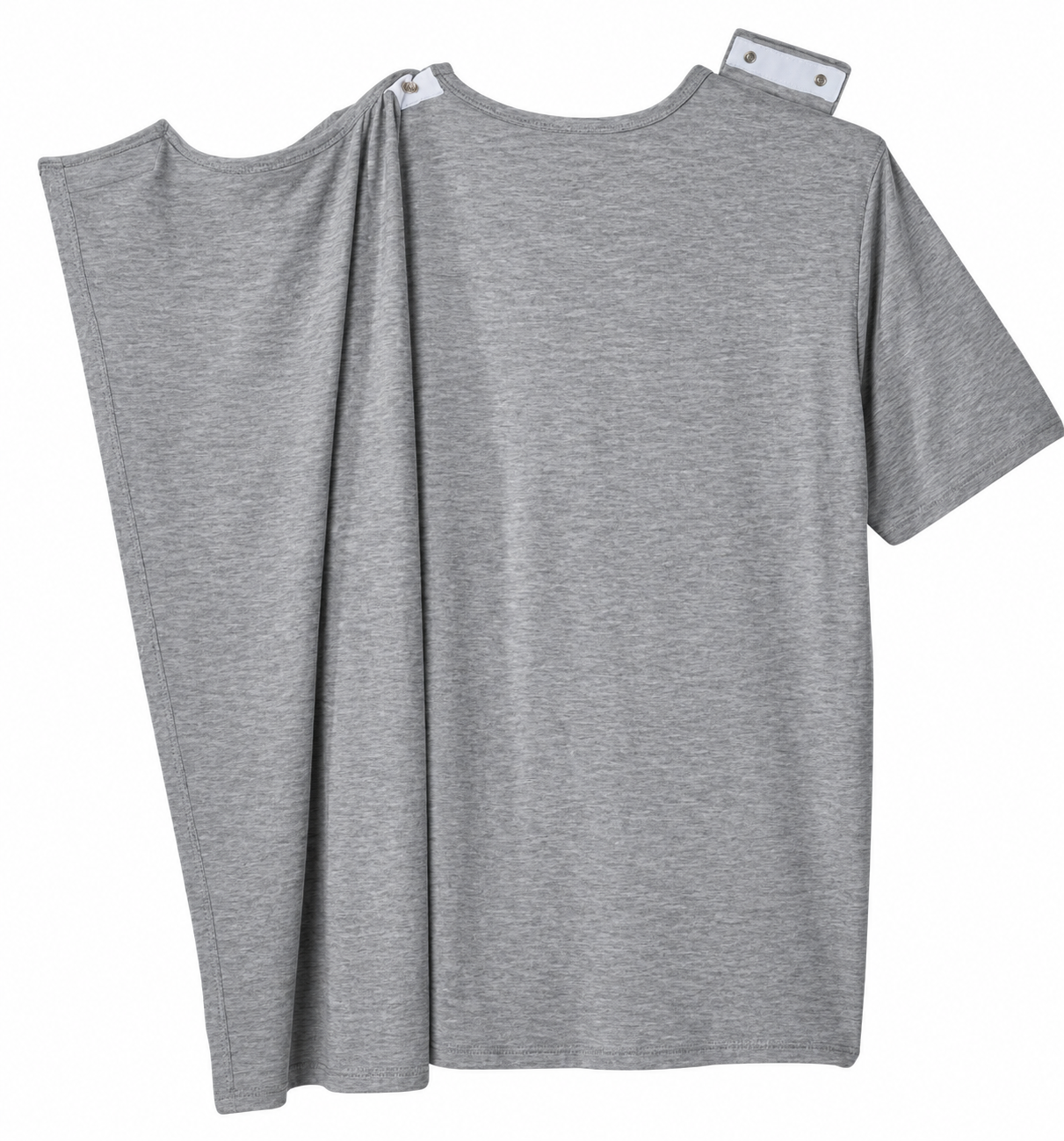 Gray heathered T-shirt with one sleeve draped over the shoulder, isolated on white background