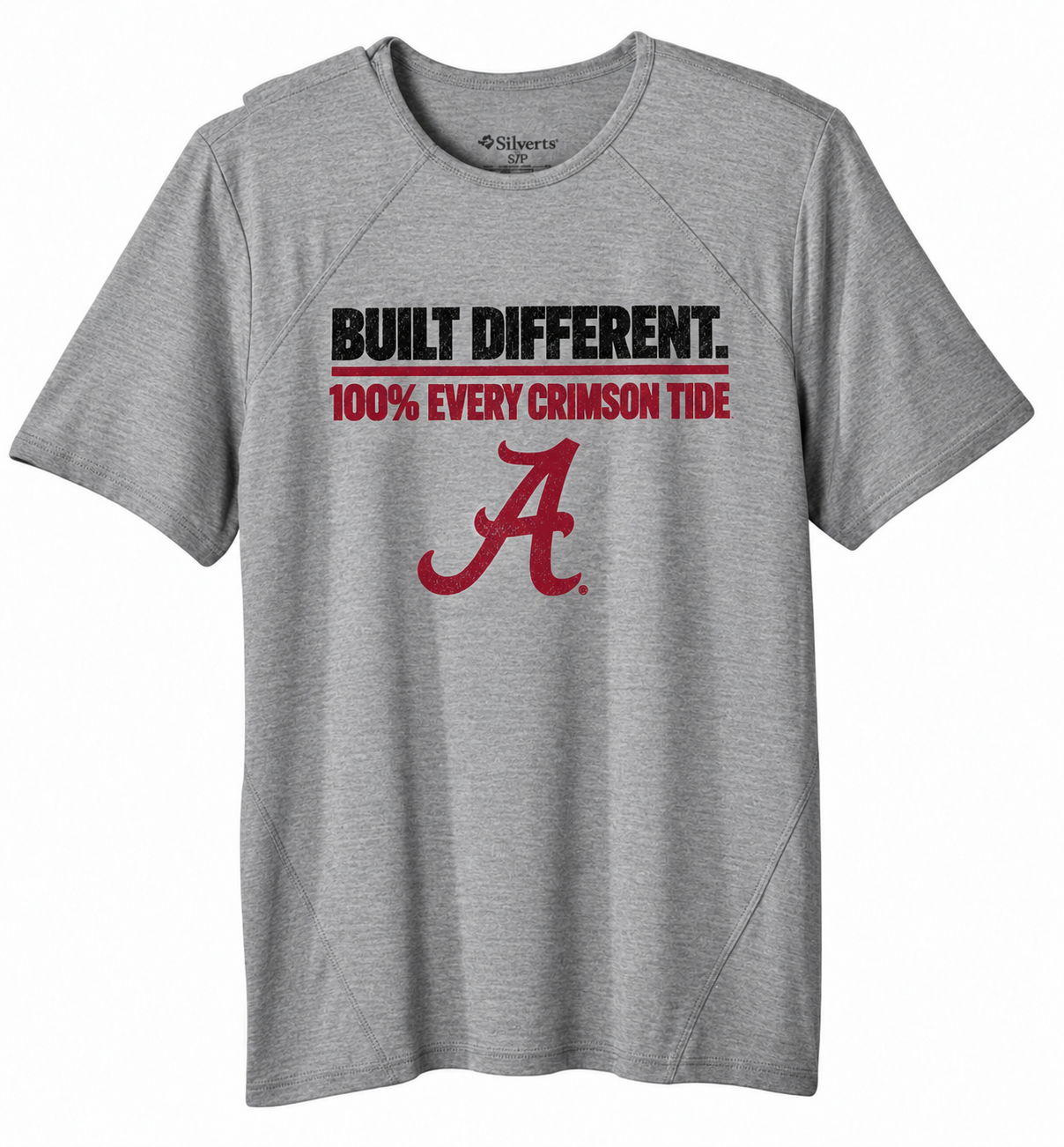 Gray T-shirt with black and red “BUILT DIFFERENT 100% EVERY CRIMSON TIDE” text and crimson script A logo