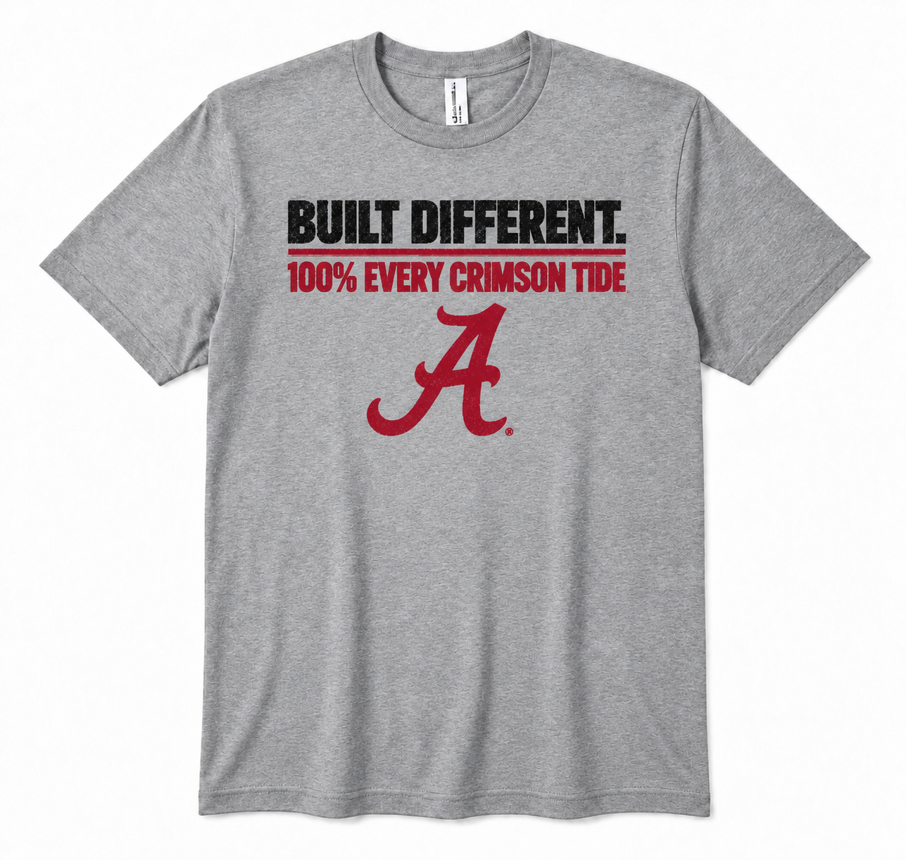 Gray T-shirt with “Built Different 100% Every Crimson Tide” and a red script A logo