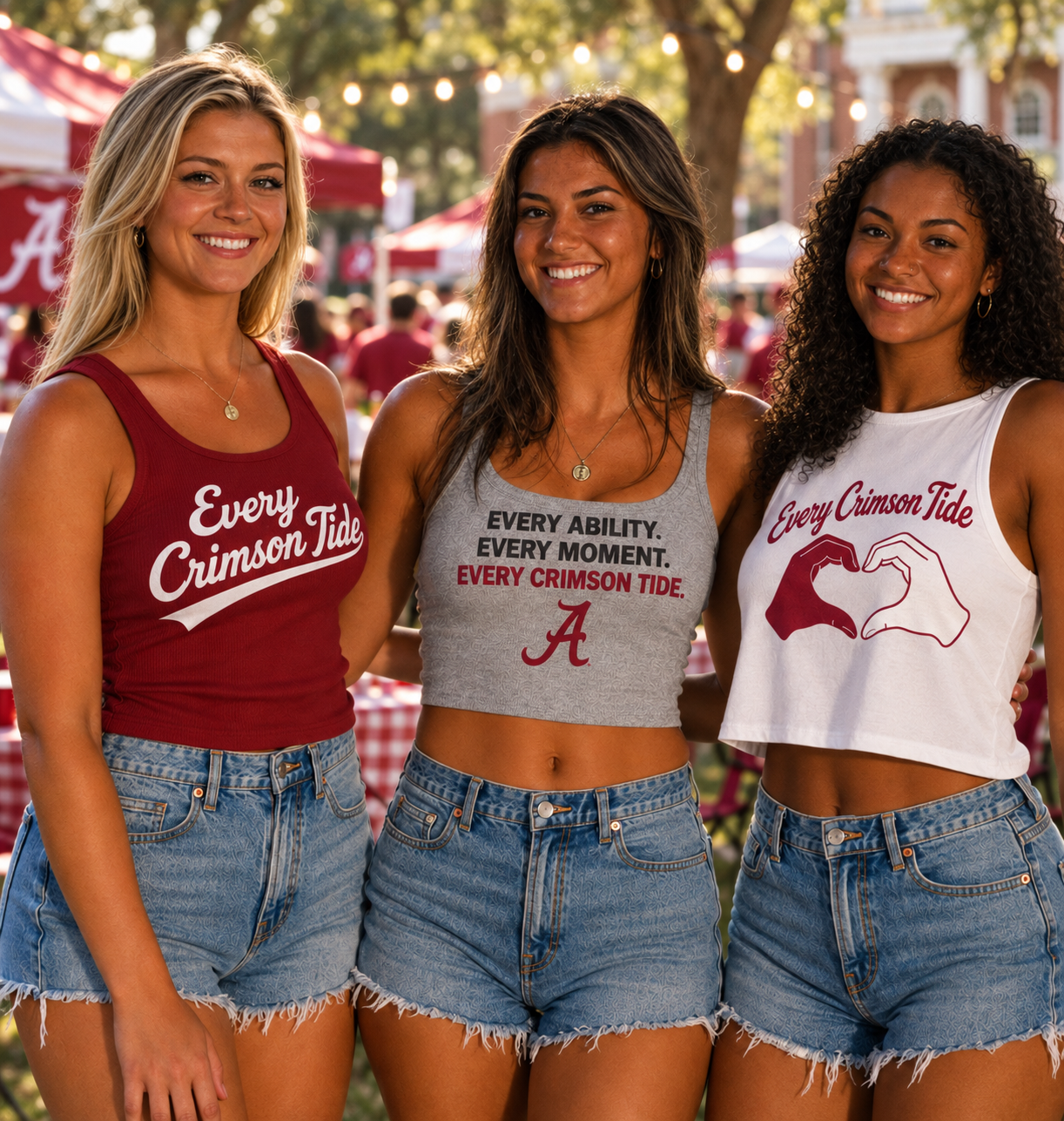Three women in maroon and white Crimson Tide tops and denim shorts posing outdoors at a festive event