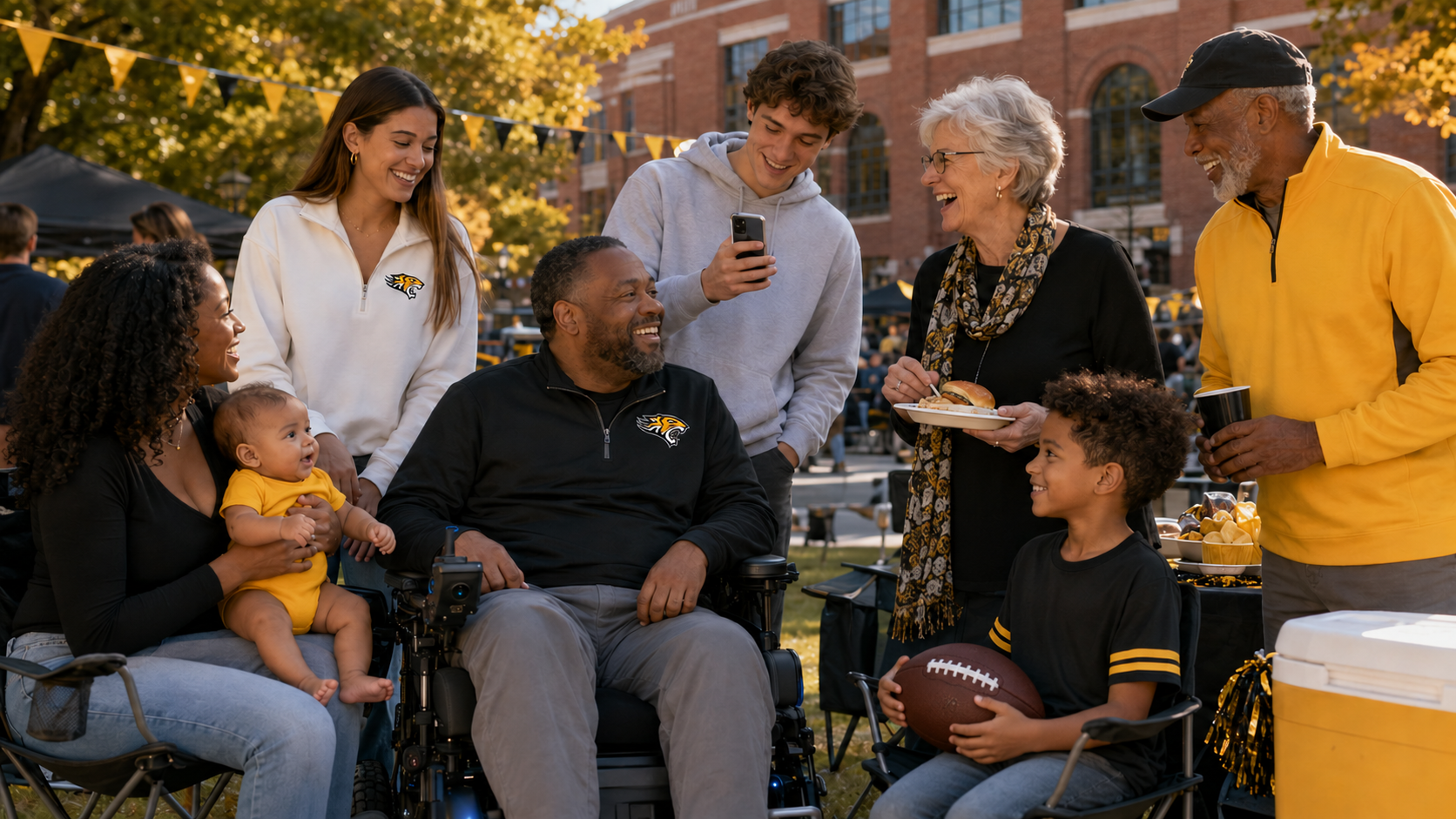 Group seated outdoors in autumn, chatting around a wheelchair with warm smiles and drinks in hand.