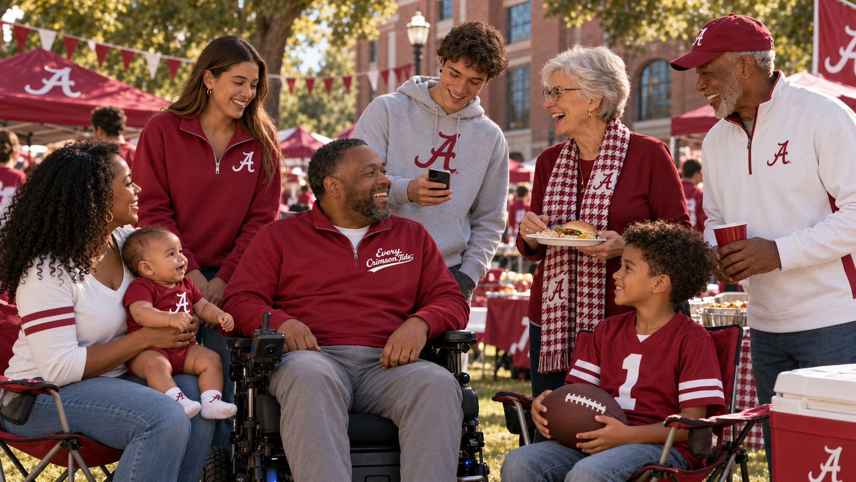 People in Alabama Crimson Tide apparel gather outdoors at a festive holiday event.