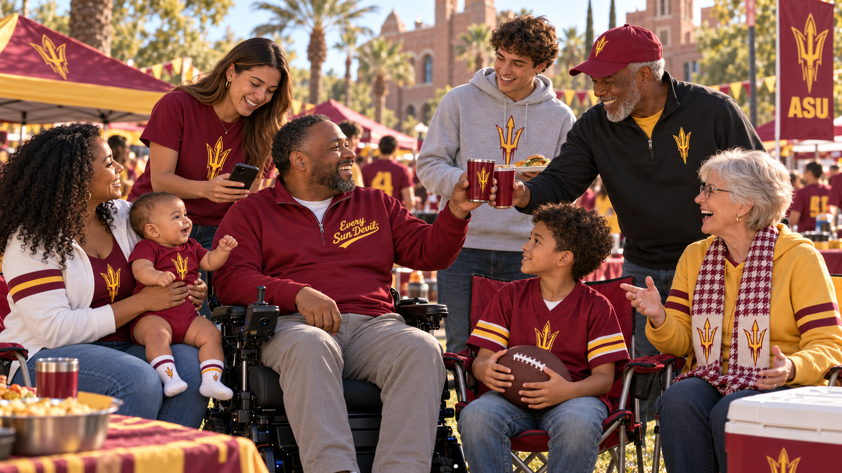 Arizona State fans in maroon shirts gathered outdoors, smiling on campus seating area with ASU banners.