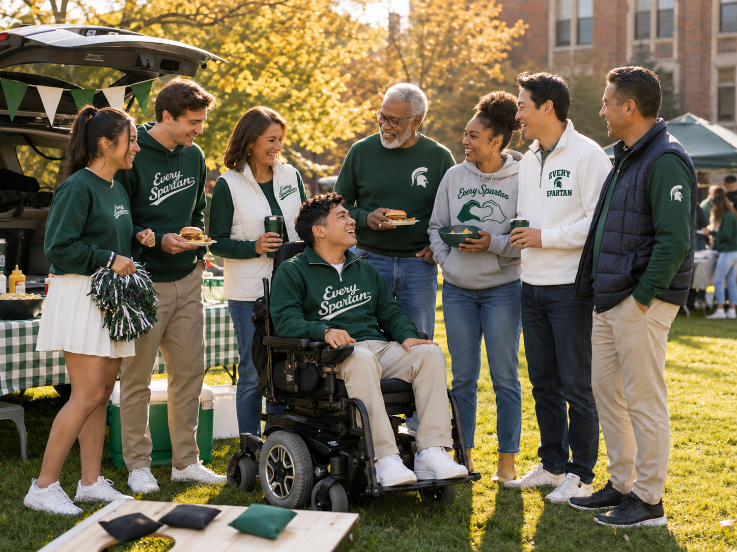 Group in green team shirts chatting outdoors, with one person in a wheelchair, on a sunny campus lawn.