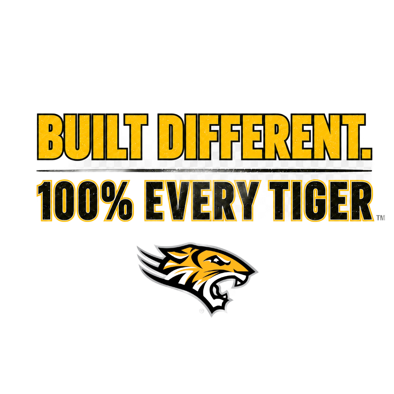 Golden slogan “BUILT DIFFERENT. 100% EVERY TIGER.” with a black-and-gold tiger head logo beneath