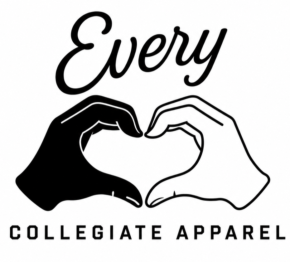 Logo reading “Every Collegiate Apparel” with two hands forming a heart in black and white