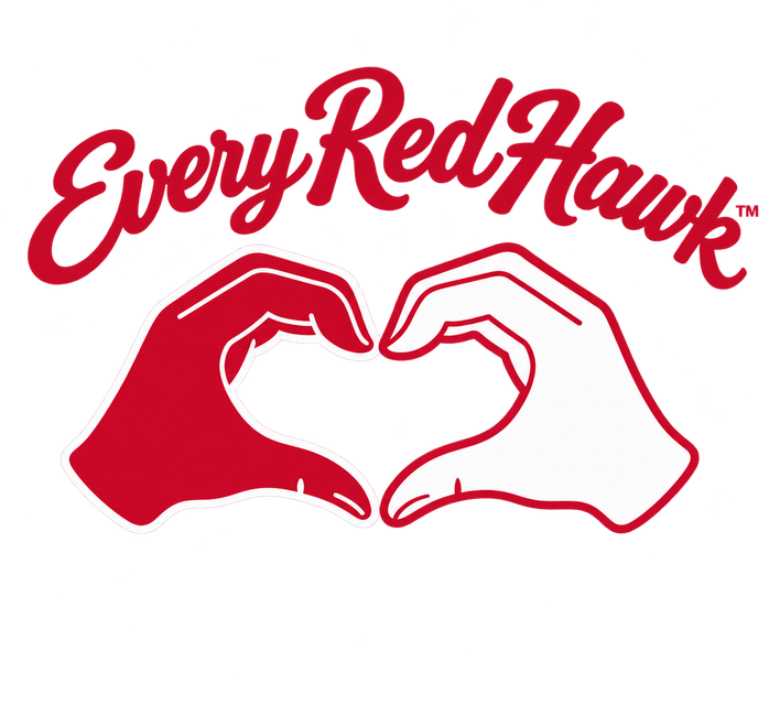 Every RedHawk logo with red script above two hands forming a heart, one red and one black