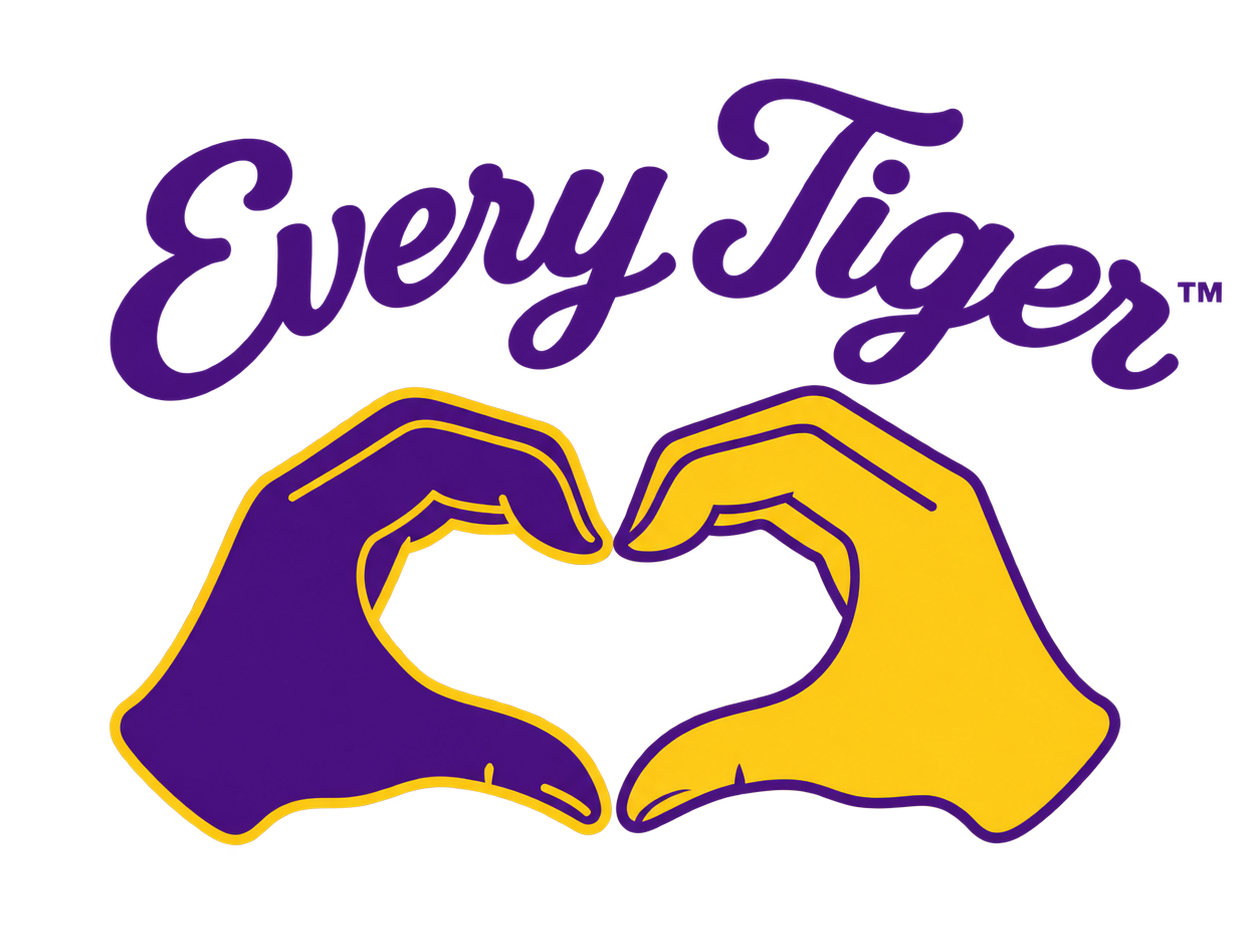 EveryTiger logo with two hands forming a heart in purple and gold