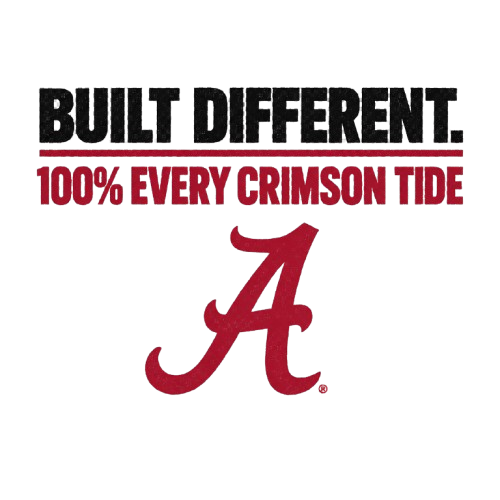 Alabama Crimson Tide logo with “Built Different” and “100% Every Crimson Tide” text in black and crimson