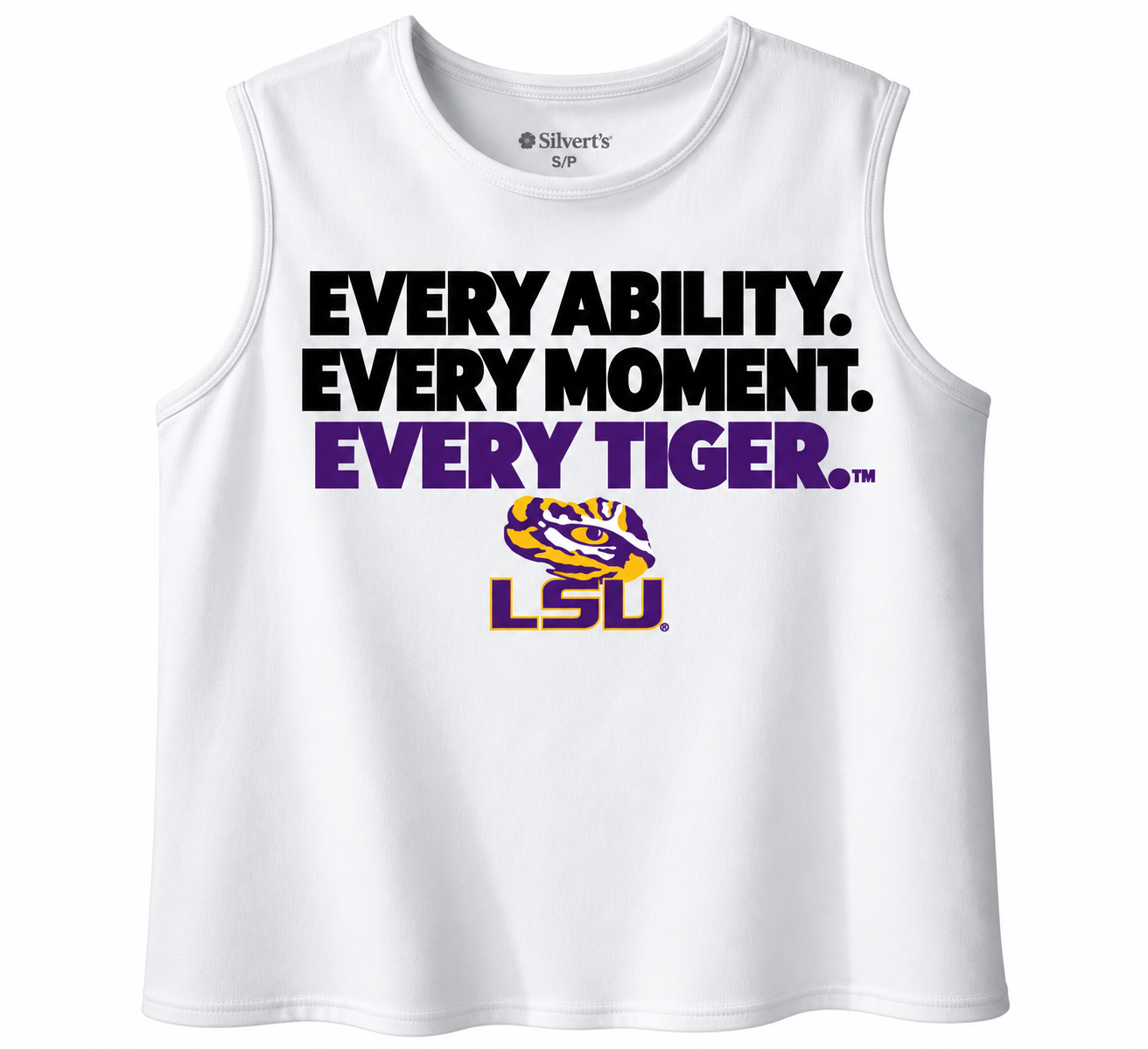 White LSU tank top with “Every Ability. Every Moment. Every Tiger.” slogan and purple-gold LSU logo