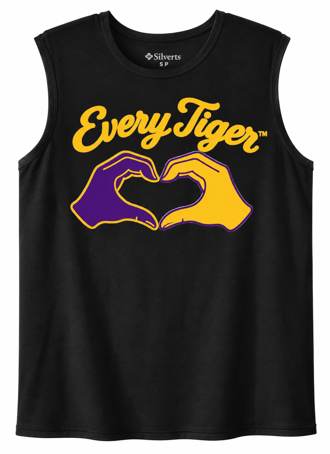 Black sleeveless shirt with “Every Tiger” text and purple-and-gold hand-heart graphic