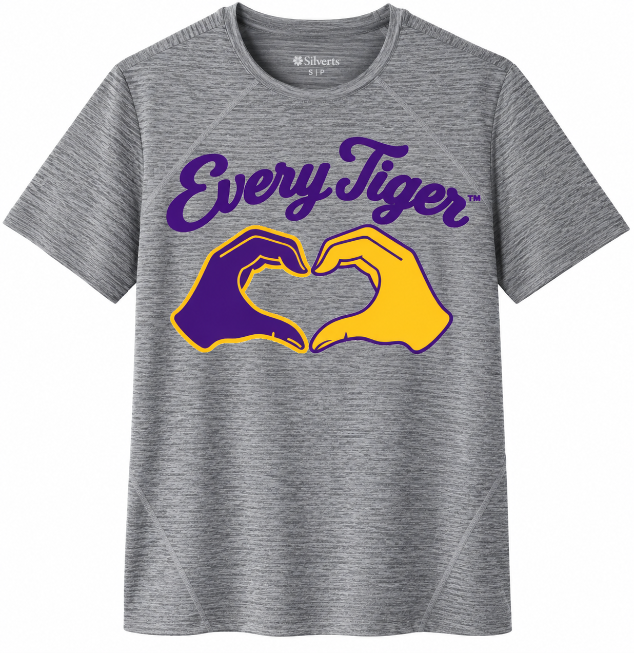 Gray T-shirt with purple and gold “Every Tiger” text and two hands forming a heart