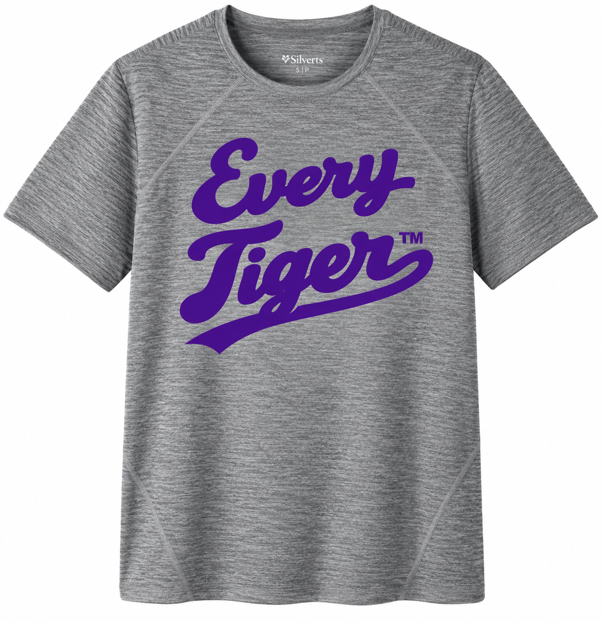 Gray T-shirt with purple “Every Tiger™” text across the chest