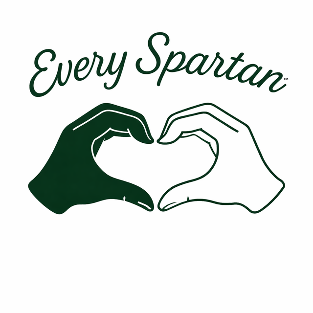 Every Spartan logo with two hands forming a heart, one dark green and one outlined in green