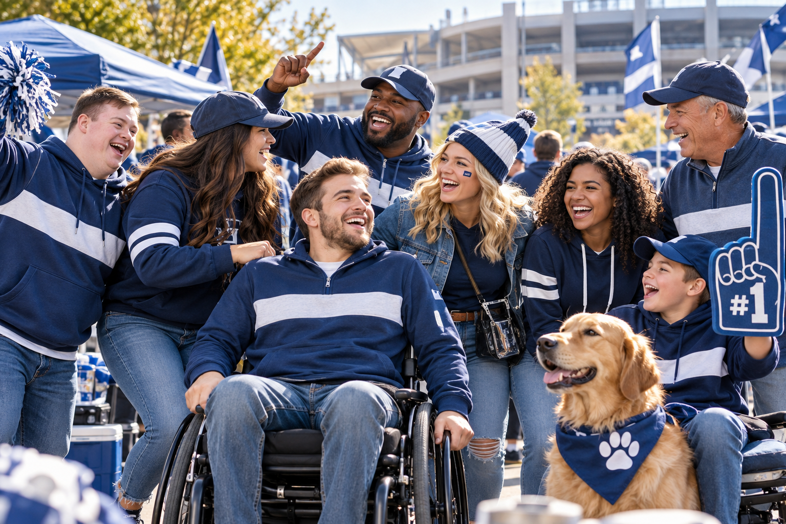 Fans in blue and white cheering in stadium stands, with one man in a wheelchair and a dog in team gear.