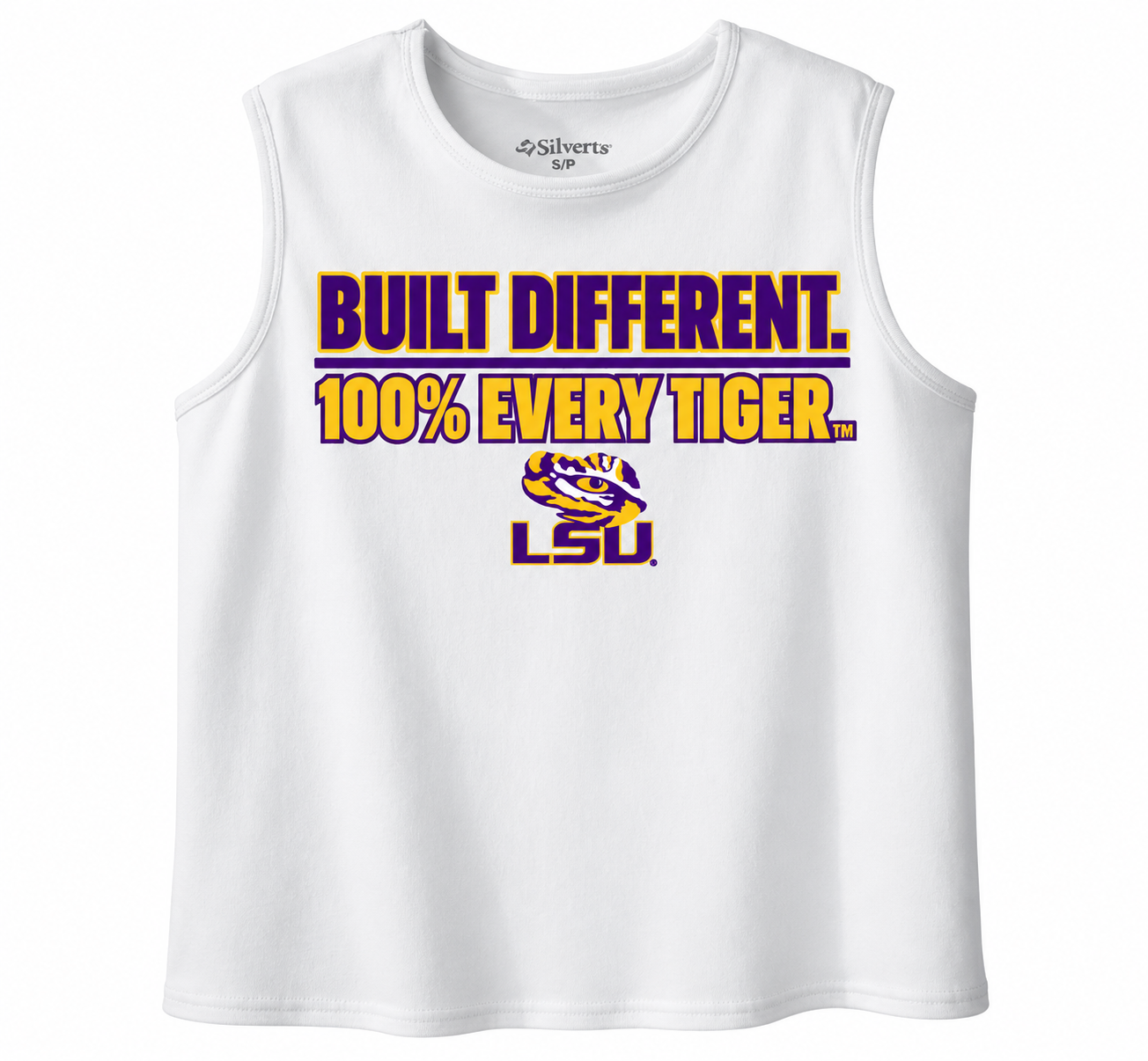 White LSU sleeveless shirt with purple and gold text reading “BUILT DIFFERENT. 100% EVERY TIGER.”