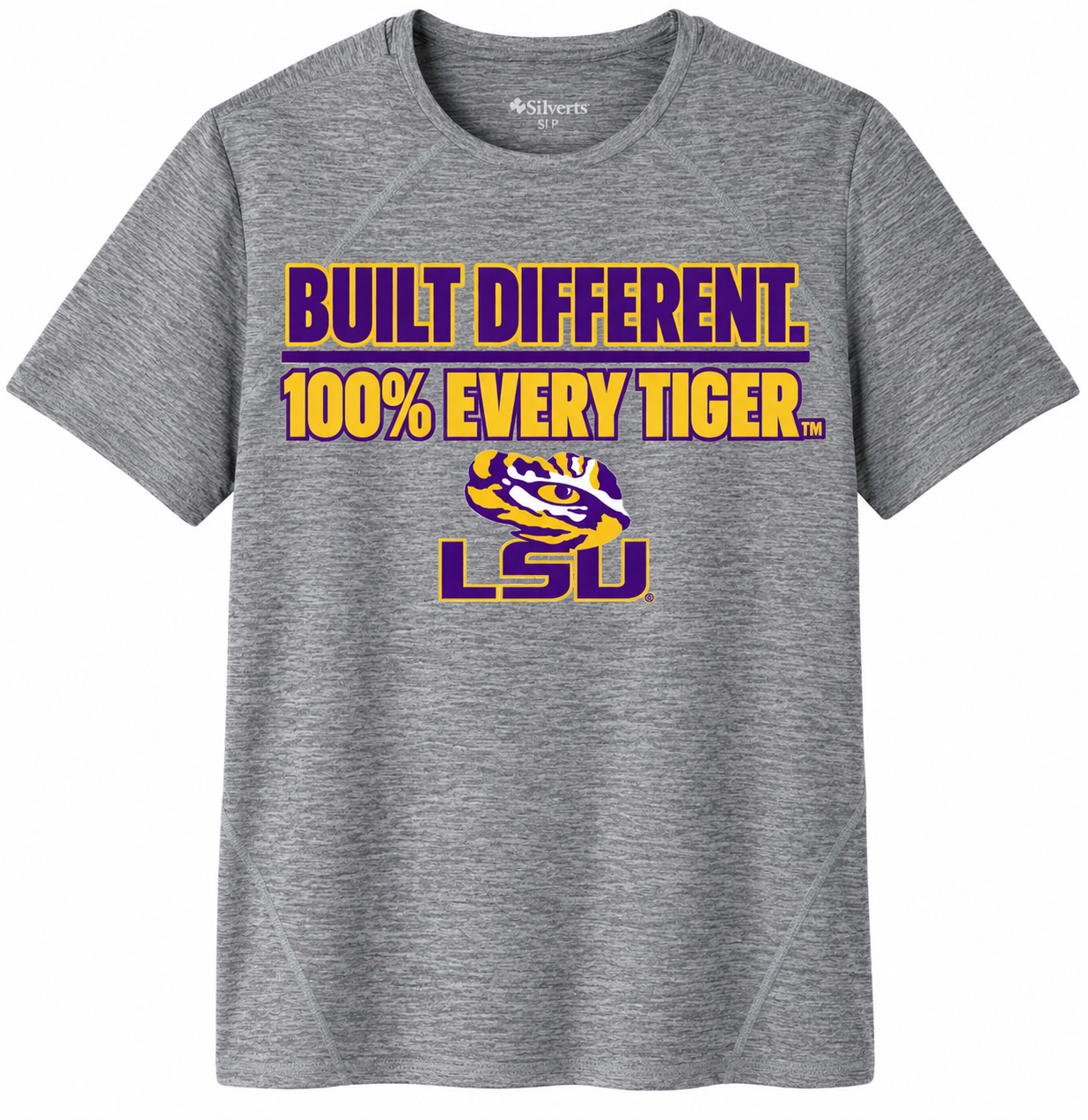 Gray LSU T-shirt with purple-and-gold text reading “BUILT DIFFERENT. 100% EVERY TIGER.” and LSU logo