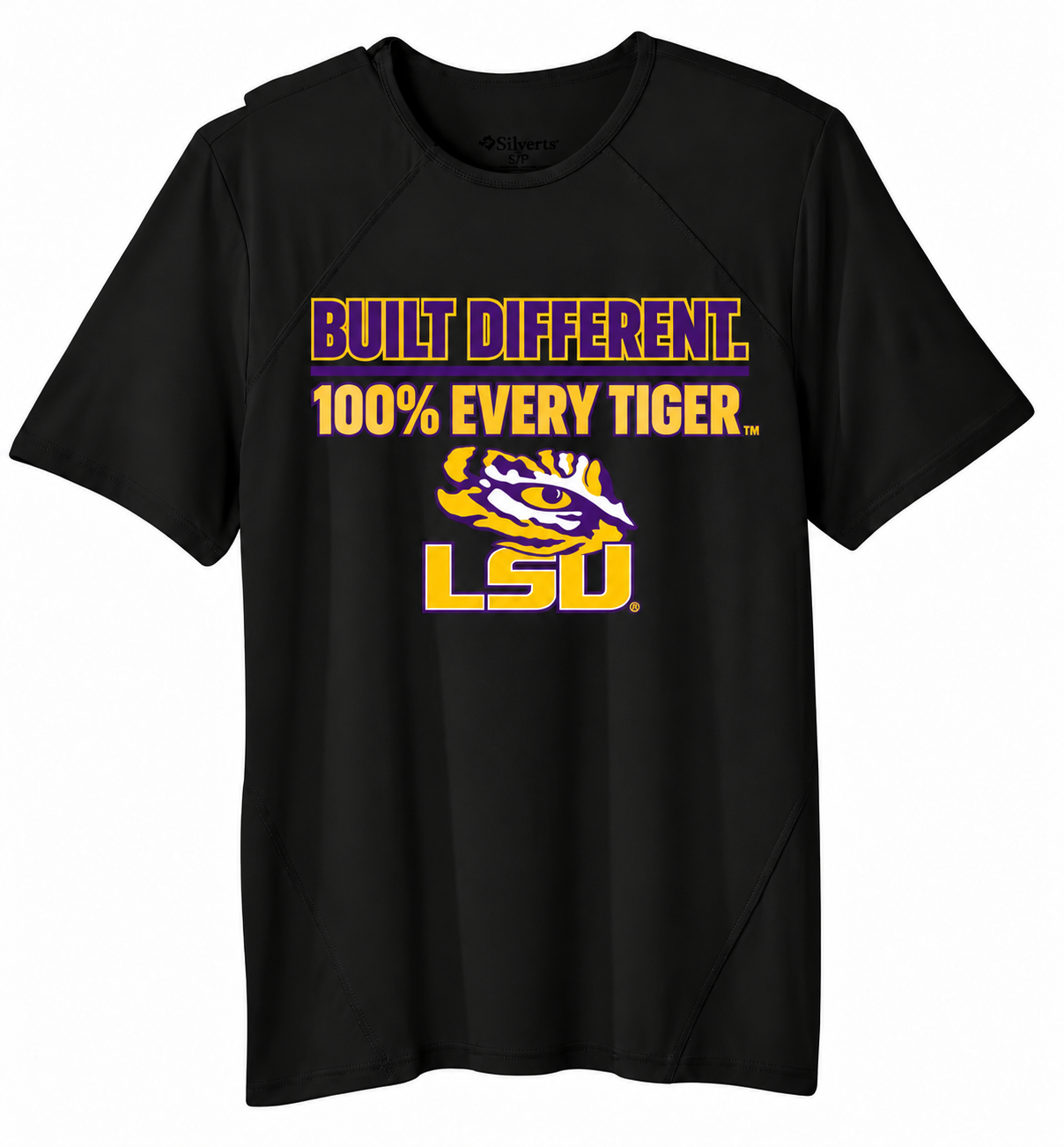 Black LSU T-shirt with purple and gold tiger graphic and slogan “Built Different. 100% Every Tiger.”