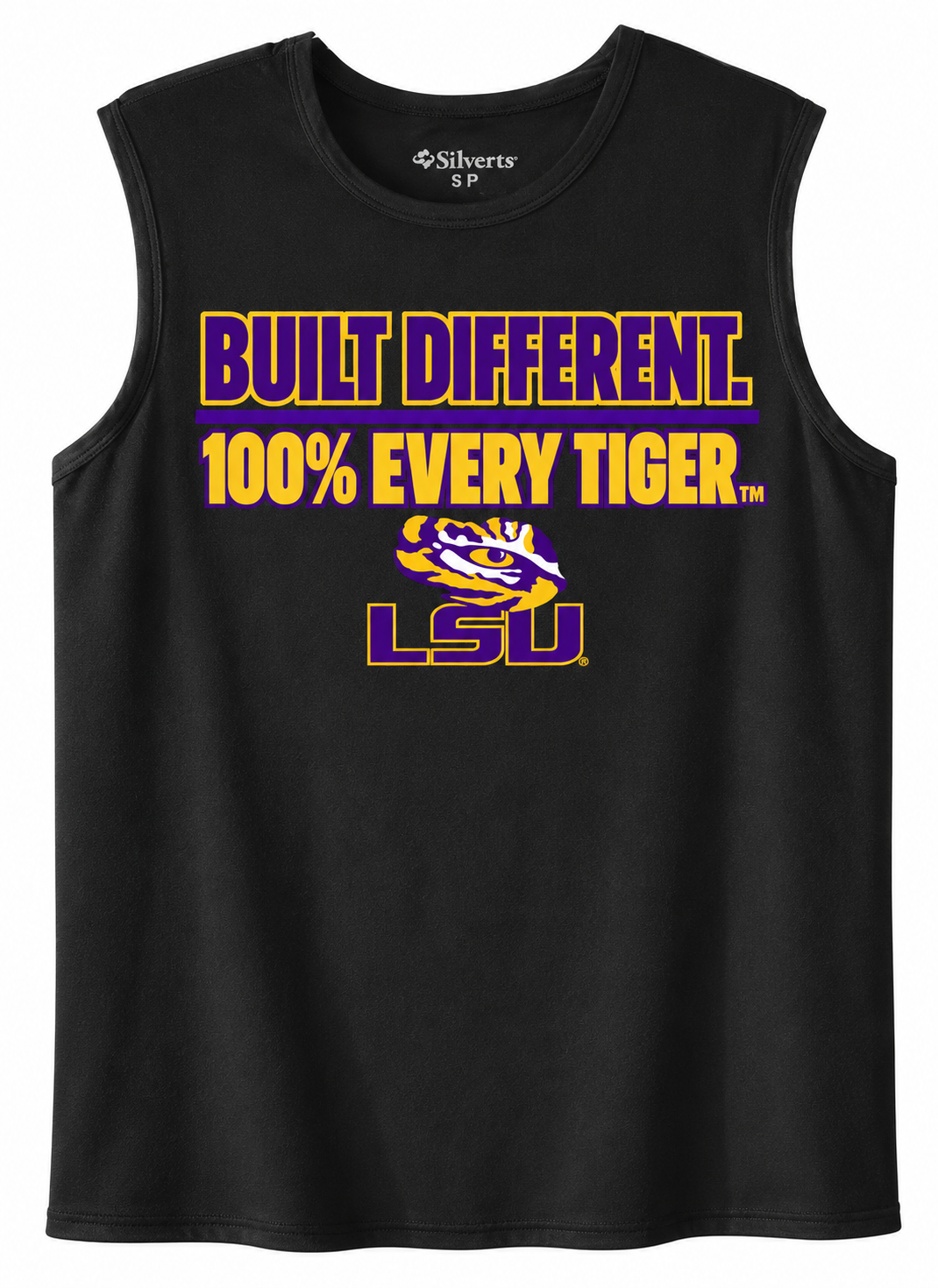 Black sleeveless LSU shirt with purple-gold “Built Different. 100% Every Tiger.” text and LSU logo