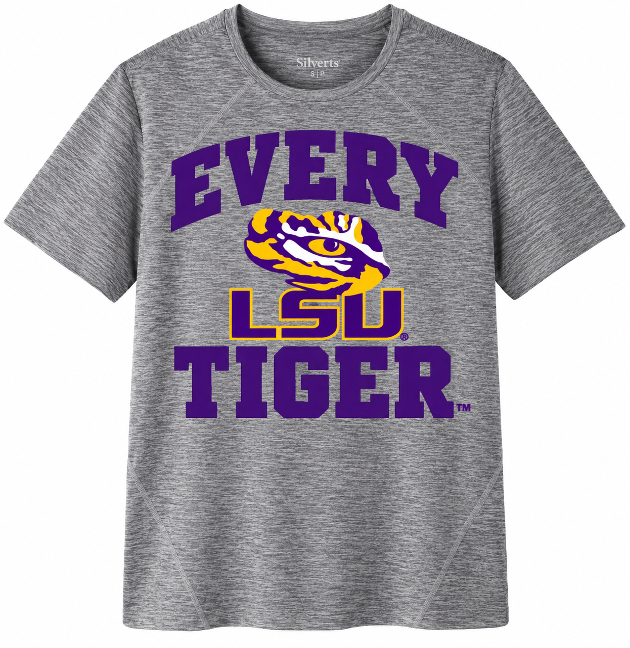 Gray LSU Tigers T-shirt with purple and gold tiger graphic and “EVERY LSU TIGER” text