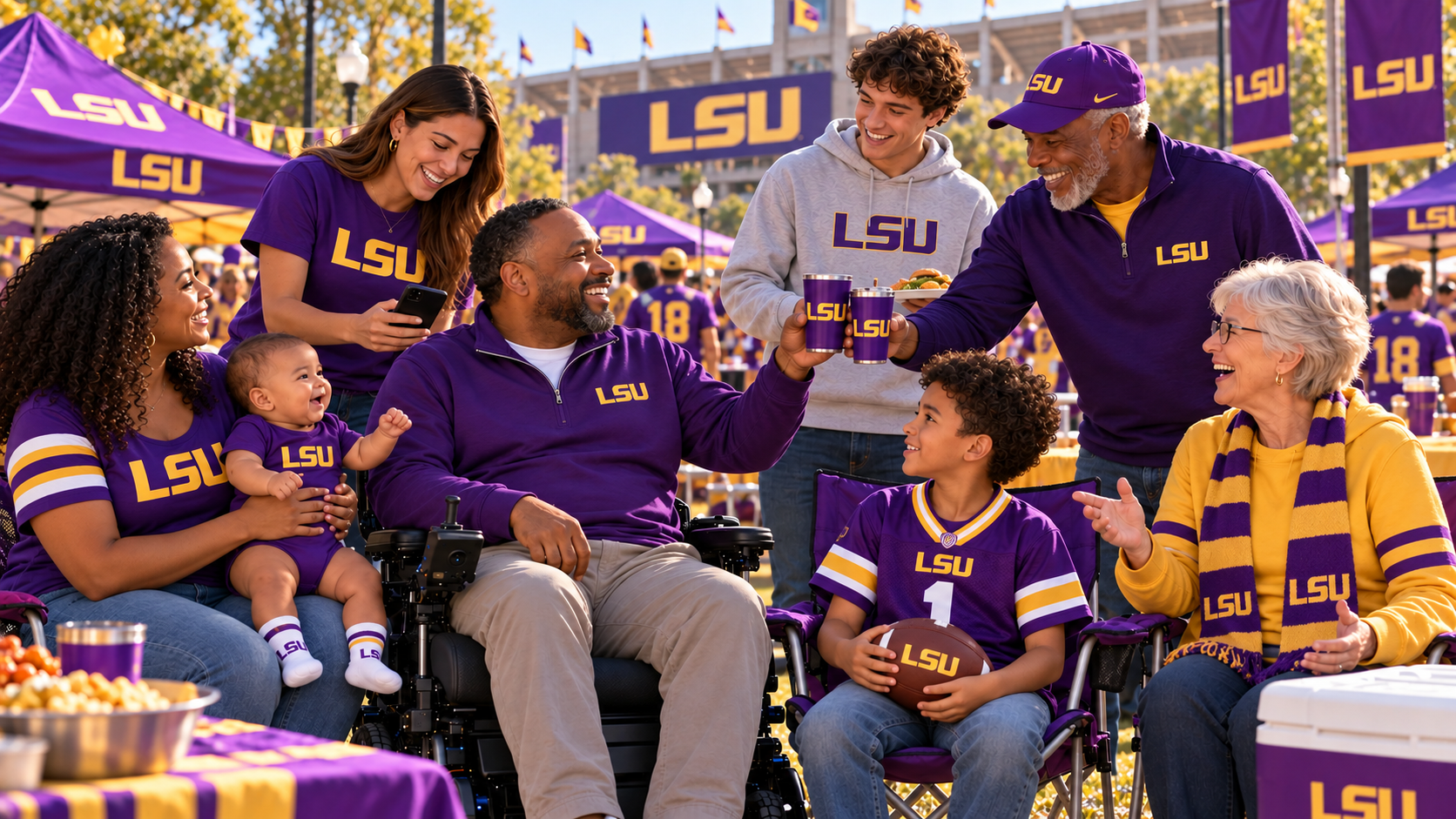 LSU fans in purple and gold sit together with pom-poms at a stadium event