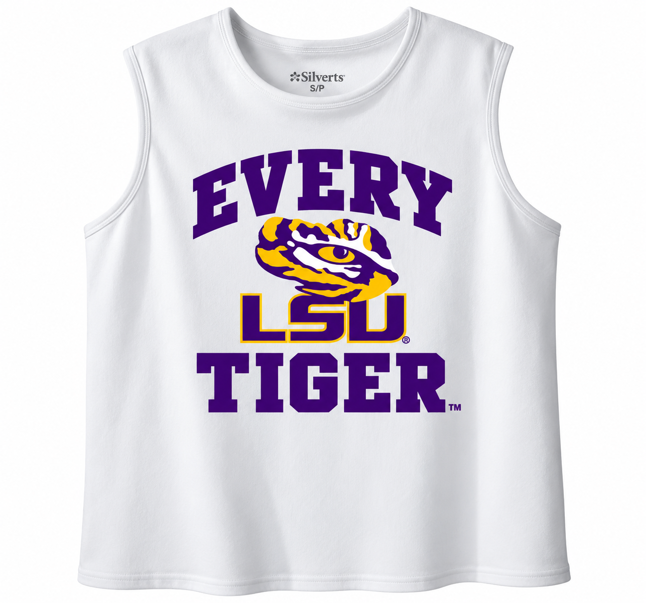 White sleeveless shirt with purple and gold LSU tiger logo and “EVERY TIGER” text