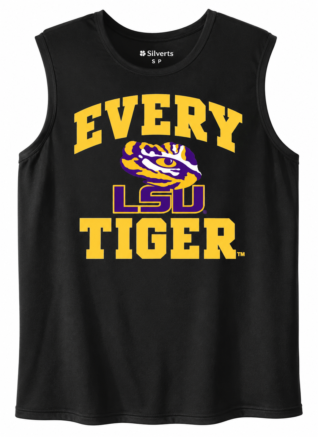 Black LSU Tigers sleeveless shirt with yellow “EVERY TIGER.” text and purple LSU logo.