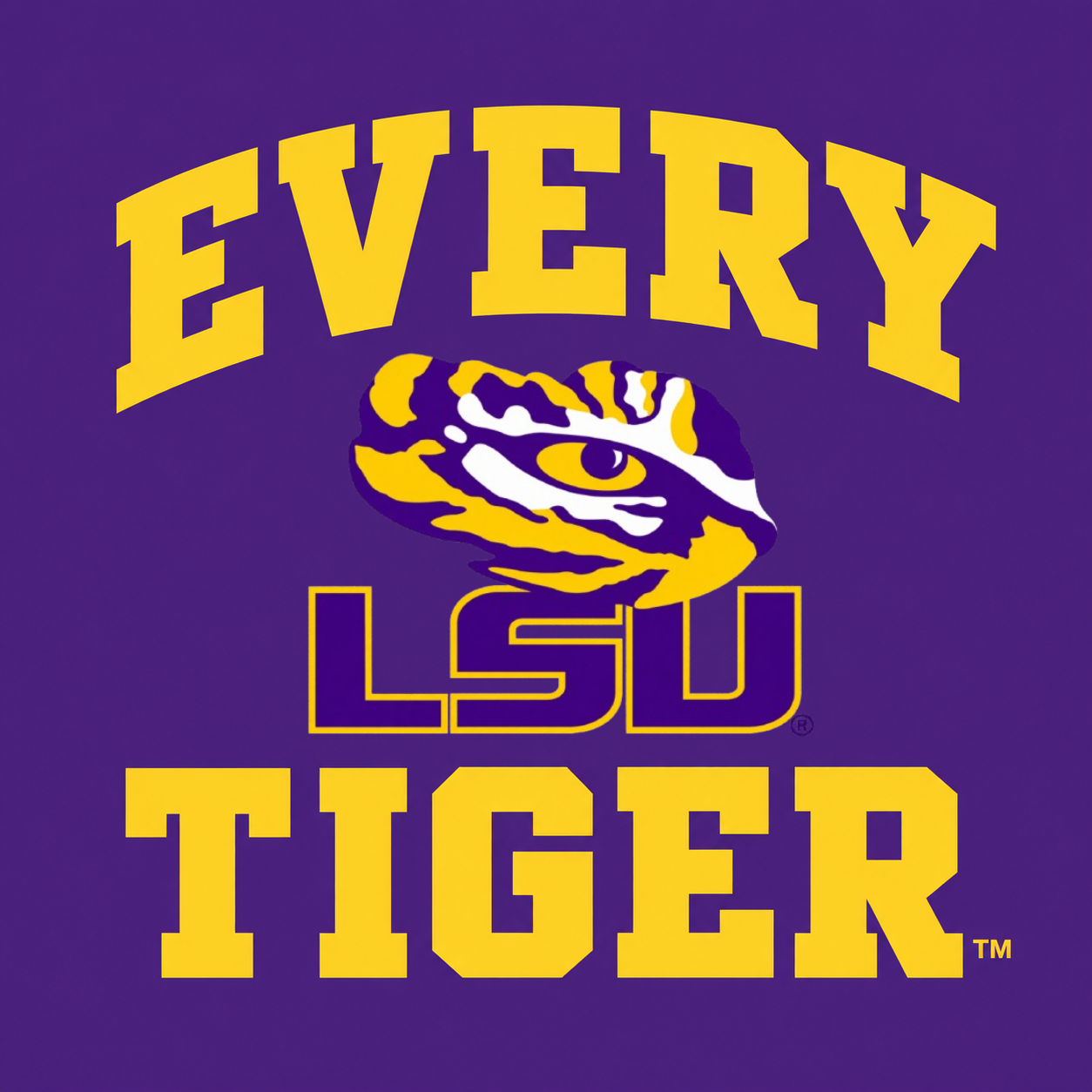 Purple LSU Tigers logo with gold text reading “Every Tiger” and a tiger head over LSU