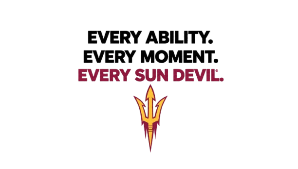 Black and red slogan with trident logo: “Every ability. Every moment. Every Sun Devil.”