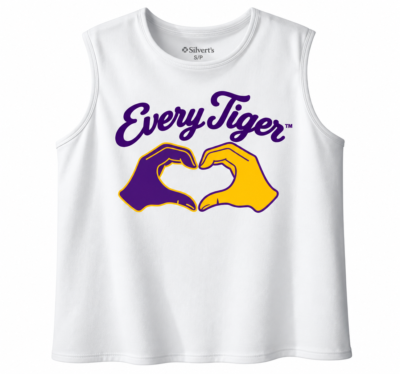 White sleeveless shirt with "Every Tiger" text and purple and gold tiger paw graphic