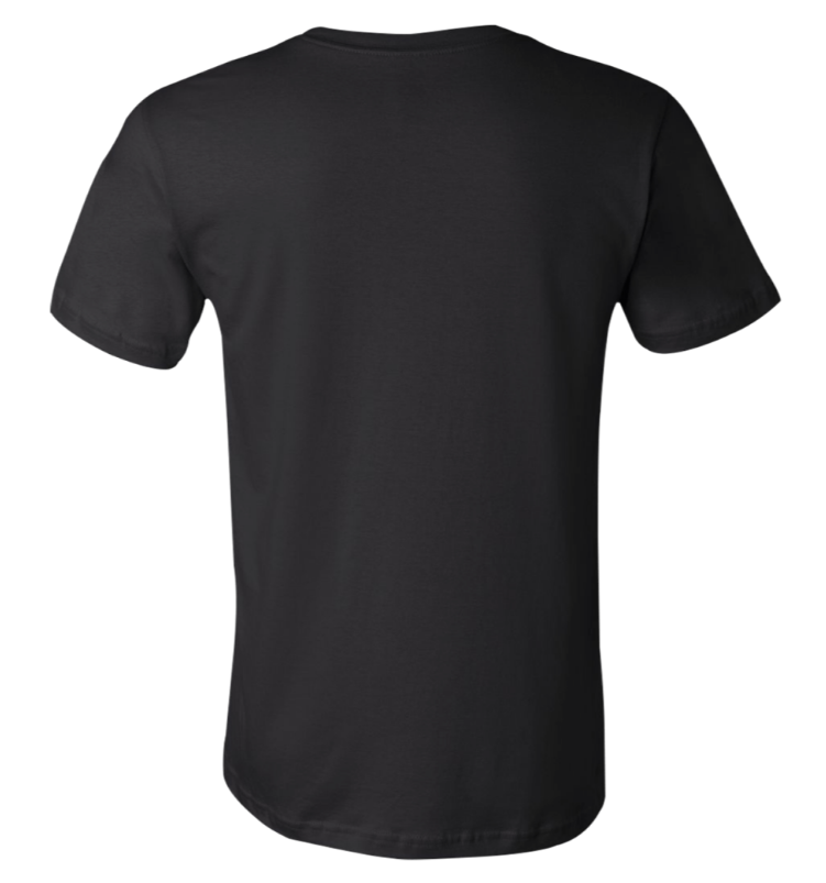 Black short-sleeve T-shirt shown from the back on a white background